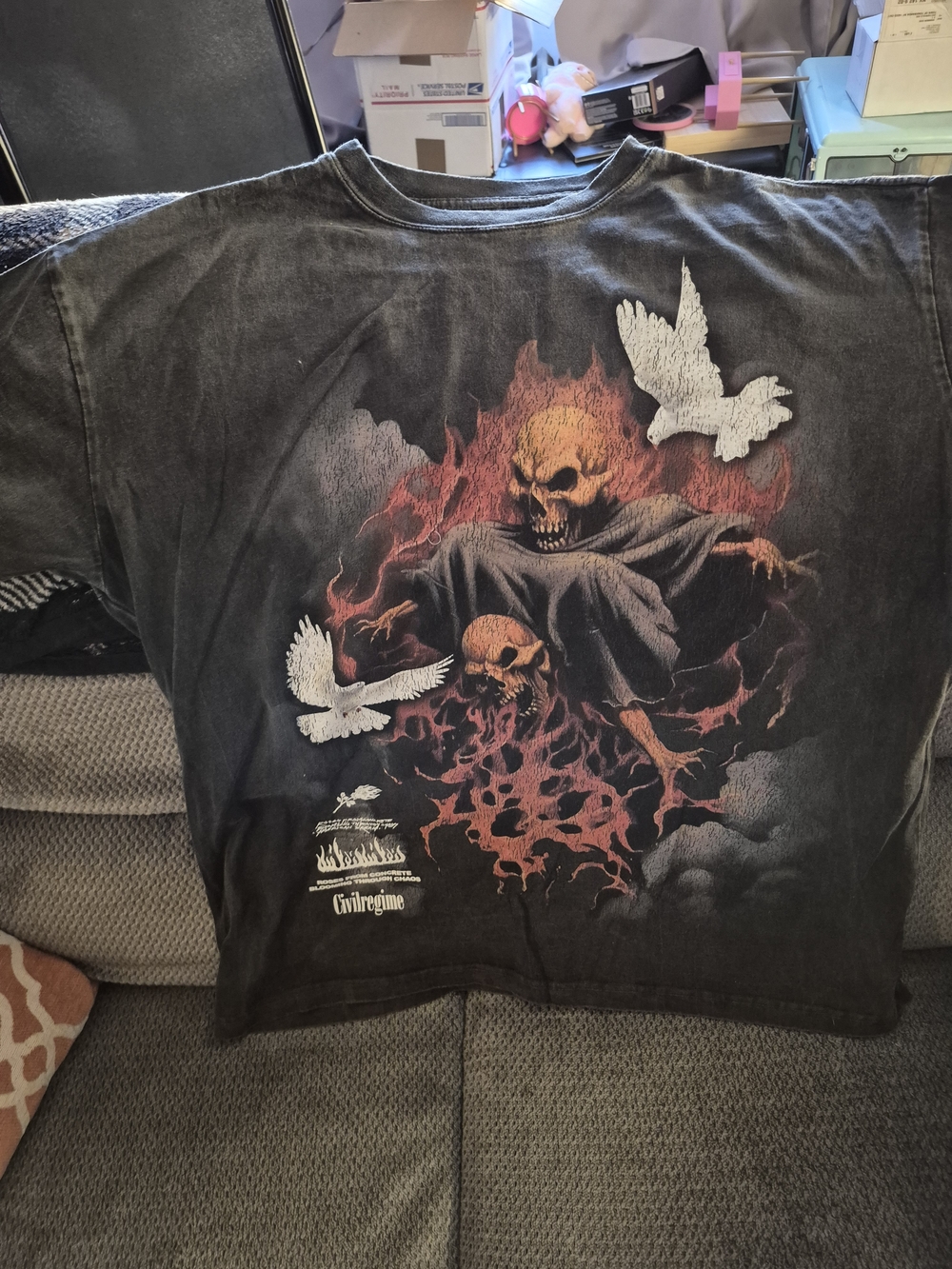 Civil Regime Black Cotton Men's T-Shirt XL Skull Fire Graphic Short Sleeve